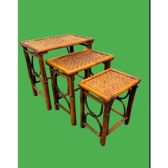 Mid 20th Century Vintage Chinoiserie Burnt Bamboo, Cane Nesting Tables - Set of 3 For Sale - Image 5 of 9