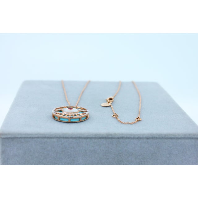 Gold Diamond Halo Evil Eye Turquoise 18k Rose Gold Pendant Charm Medallion Necklace For Sale - Image 8 of 18