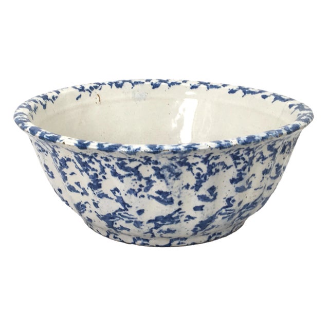 Royal Blue Large 11 1/2 Inch Size Antique American Blue Spongeware Decorated Stoneware Kitchen Mixing Bowl For Sale - Image 8 of 13