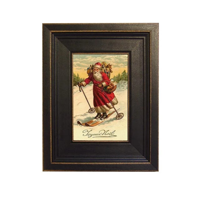 American Santa on Skis Framed Print on Canvas in Distressed Black Wood Frame- Framed to 7-1/2 X 9-1/2" For Sale - Image 3 of 3