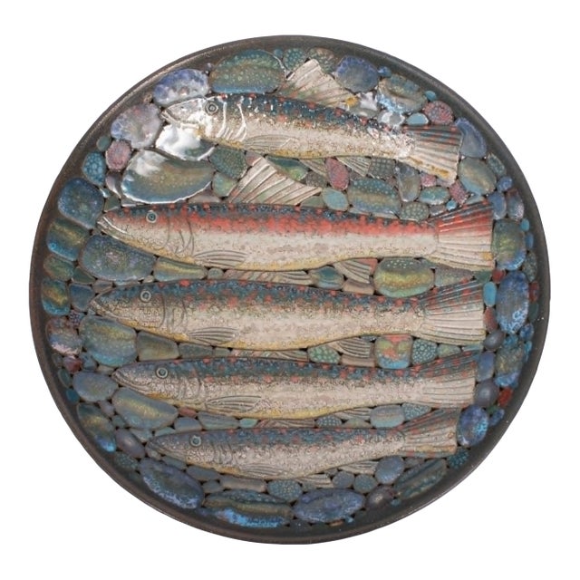 Modernist Palissy Majolica Wall Platter / River Fishes and Pebbles For Sale