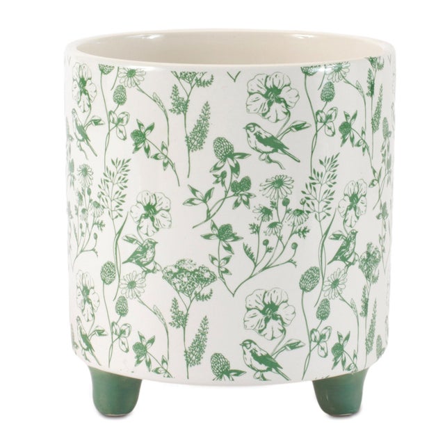 Kenneth Ludwig Chicago Botanical Bird Print Dolomite Planter (Set of 2) For Sale - Image 4 of 5