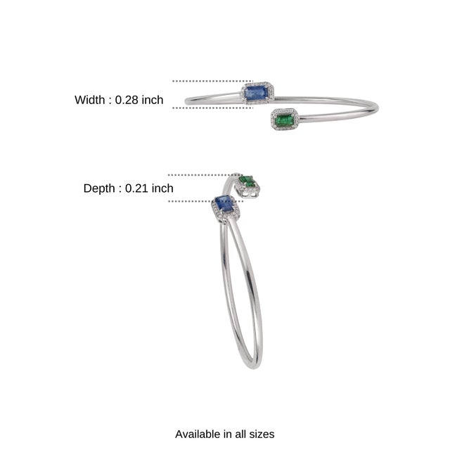 Emerald & Blue Sapphire Toi Et Moi Open Cuff Bangle in Silver With Diamond Accents For Sale - Image 12 of 14