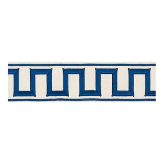 Schumacher Greek Key Embroidered Tape Trim Blue on Ivory - 3 Yards For Sale