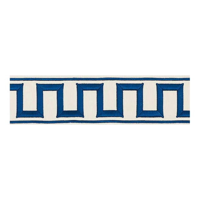 Schumacher Greek Key Embroidered Tape Trim Blue on Ivory - 3 Yards For Sale