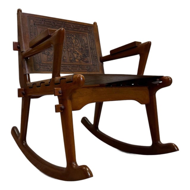 1960s Ecuadorian Mid-Century Tooled Leather Rocking Chair Attributed to Angel Pazmiño for Muebles De Estilo For Sale