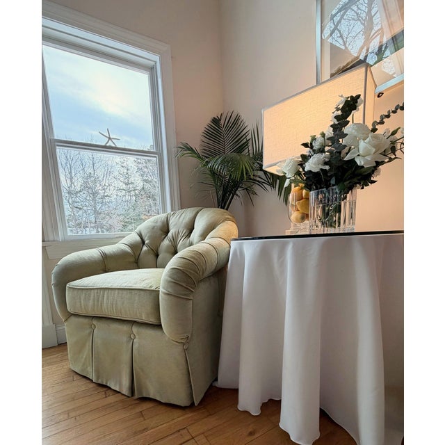 Light Green Custom Tufted Spring Green Floral Lounge Chair and Ottoman in Colefax and Fowler For Sale - Image 8 of 18