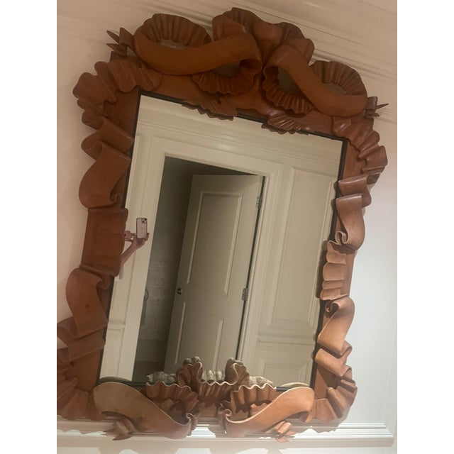 Hollywood Regency Carved Ribbon Wood Mirror — Sculptural Ribbon‑Form Frame • Vintage European Style For Sale - Image 3 of 5