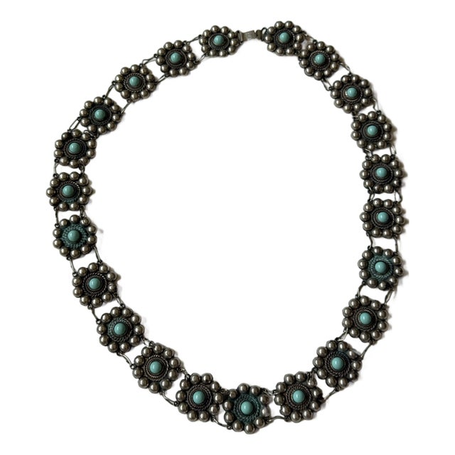 1970s Mexican Sterling Silver & Turquoise Concho Belt For Sale
