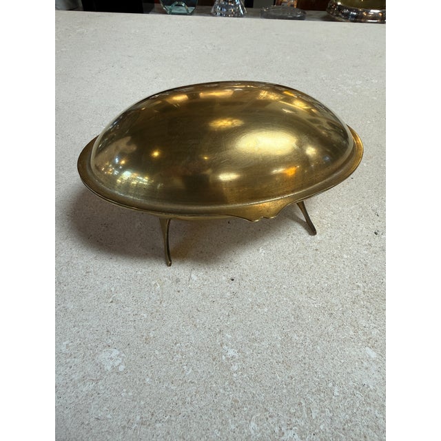Modern Vintage Brass Clamshell Covered Dish on Stand For Sale - Image 3 of 8