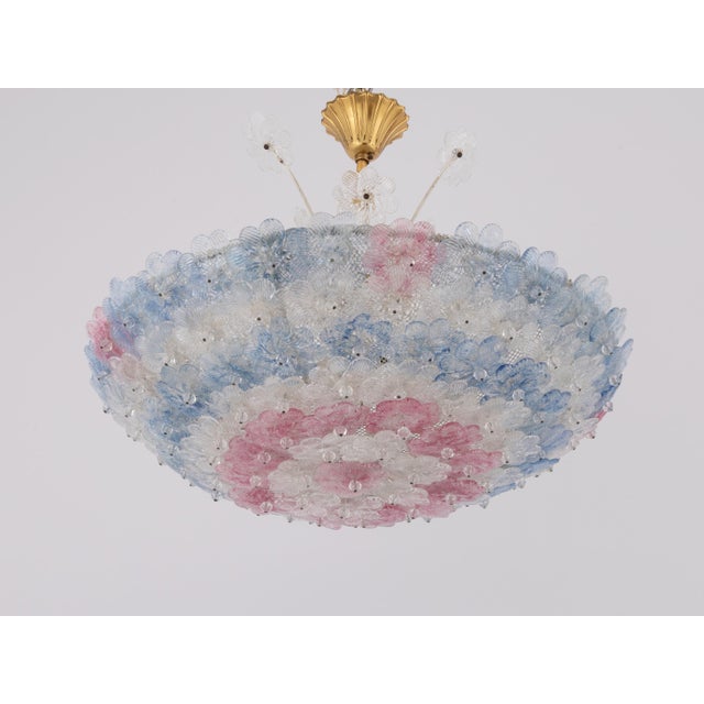 1950s Murano Glass Floral Barovier & Toso Blue Clear Pink Flower Basket Chandelier For Sale - Image 9 of 12