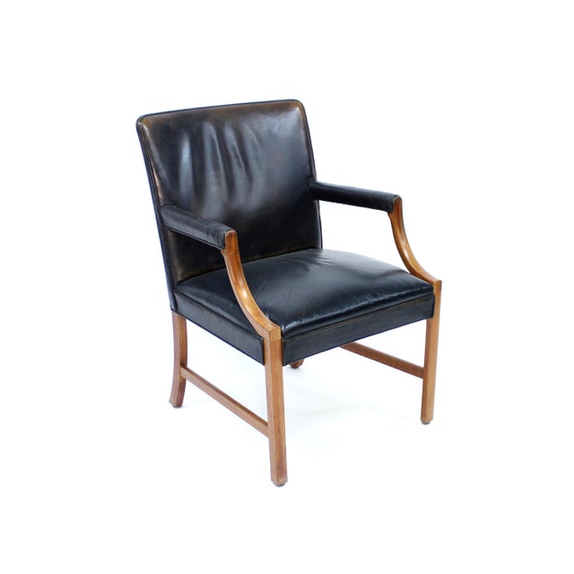 1940s Danish Leather and Mahogany Lounge Chair by Ole Wanscher for A. J. Iversen, 1940s For Sale - Image 5 of 17