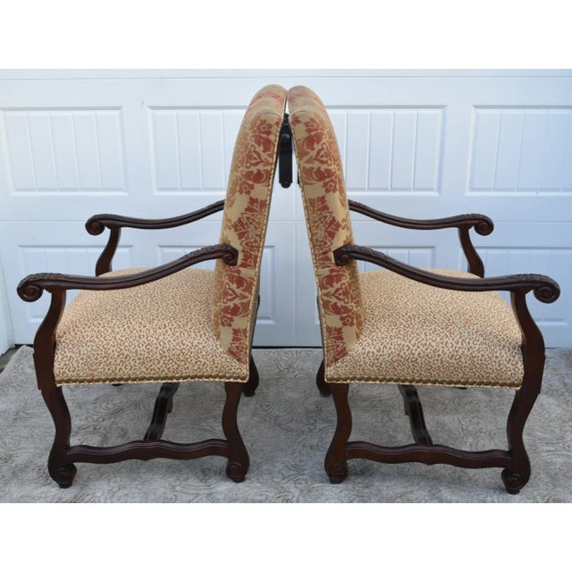 Jacobean Laneventure Wood Arm Chairs Tudor Style Carved Stretcher Base Vintage Pair For Sale - Image 3 of 12