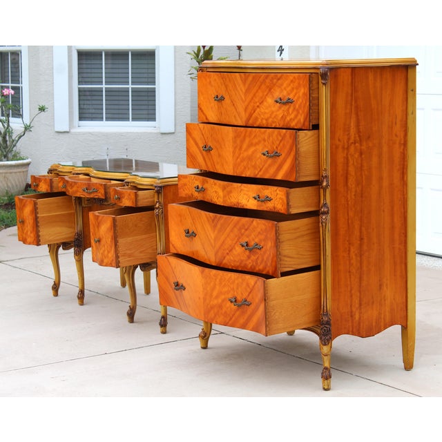 1940s Magnificent Vintage French Provincial Louis XV Rococo Satinwood & Burl Wood Vanity and Tall Boy Chest Set For Sale - Image 5 of 18