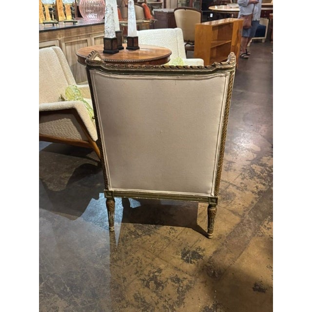 19th C. French Louis XVI Carved and Painted Bergere For Sale - Image 9 of 10