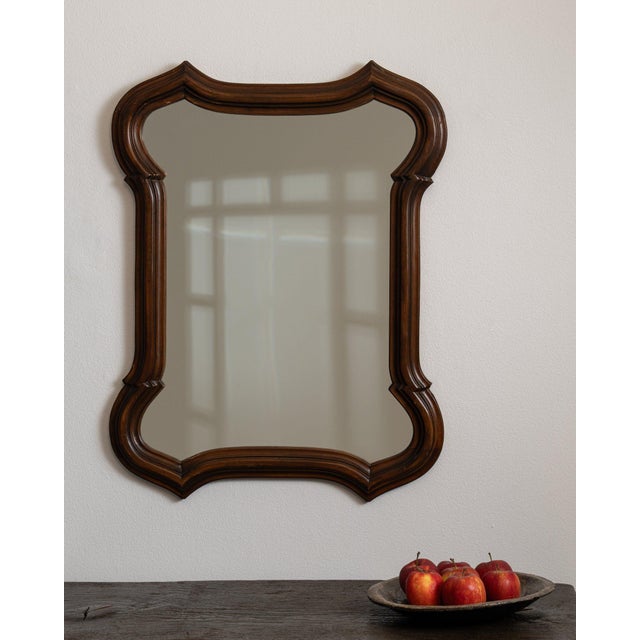 Wood 20th Century France Rich Walnut Brown Carved Wood Scalloped Mirror For Sale - Image 7 of 7