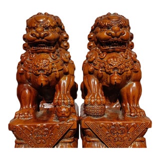 Pair of Hand-Carved Boxwood Guardian Lion Statues on Decorative Bases For Sale