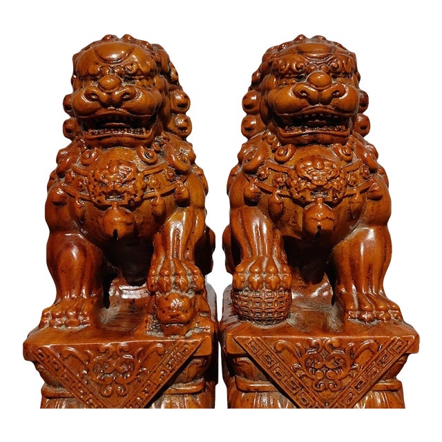 Pair of Hand-Carved Boxwood Guardian Lion Statues on Decorative Bases For Sale