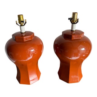 Mid Century Modern Terra Cotta Colored Ceramic Table Lamps- A Pair For Sale