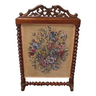 Large Victorian Carved Mahogany and Painted Fire Screen For Sale