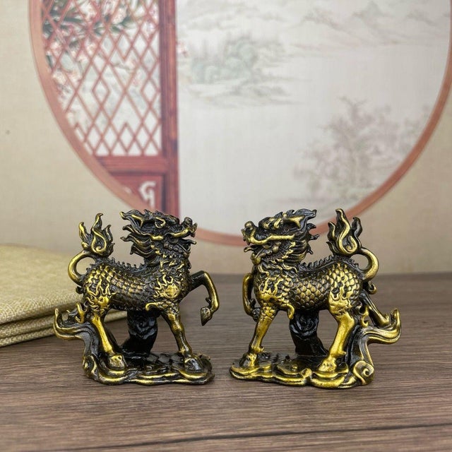 Late 20th Century Pair of Gilt Bronze Qilin Statues – 2.2" Mythical Beast Figures on Cloud Bases For Sale - Image 5 of 8