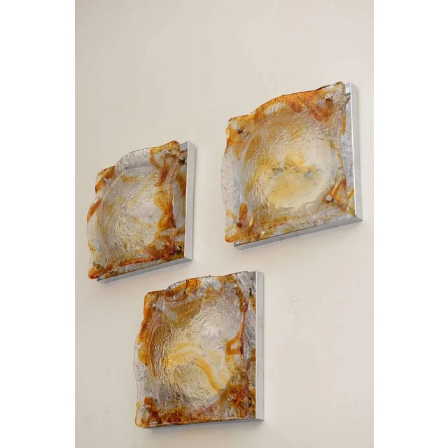 Metal Murano Mazzega Square Glass Sconces Set of 6 Amber, Orange, Clear and Chrome For Sale - Image 7 of 7