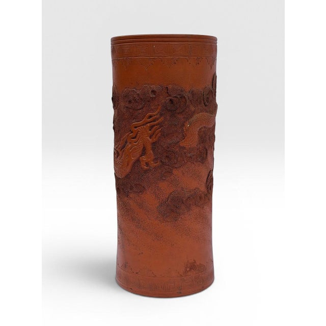Late 19th Century Large Antique Japanese Tokoname Meiji Period Moriage Dragon Cylinder Vase For Sale - Image 5 of 11