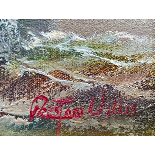 Lovely 8” x 10” original, signed Preston Willis (1853 - 1932) oil painting of a clipper ship at sea in a gold bamboo-motif...