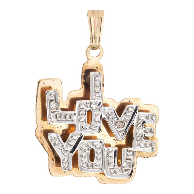 Vintage I Love You 3d Pendant Diamond 14k Yellow Gold Charm For Sale