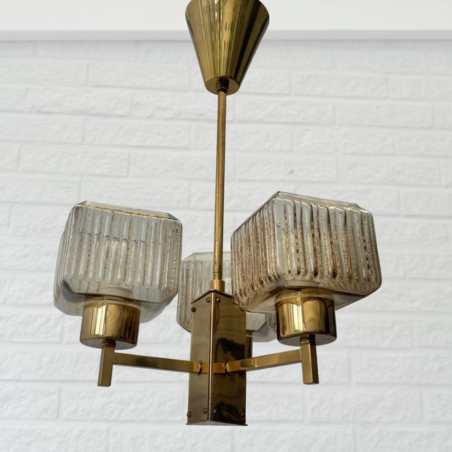 Gold Scandinavian Modern Chandelier in Brass and Glass with Three Arms, Sweden, 1960s For Sale - Image 8 of 8