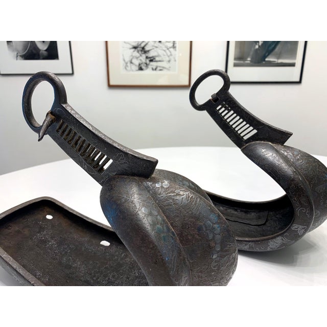 Antique Japanese Iron Stirrups with Silver Inlay Signed For Sale - Image 16 of 18