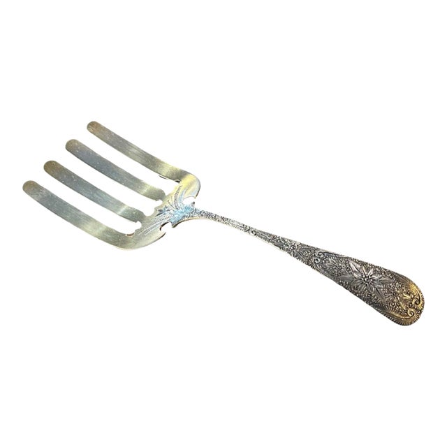 19th Century j.e. Caldwell & Company Sterling Silver Asparagus Fork With Etched Floral and Leaf Decoration For Sale