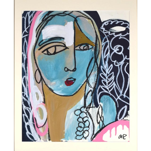 Contemporary cubist portrait with neoclassical influence. Acrylic and oil pastel on paper, presented in cream colored...