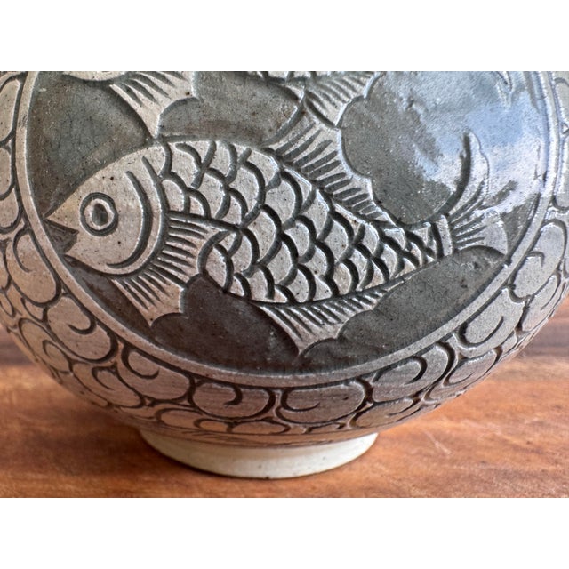 Dove Gray Korean Buncheong Style Stoneware Vase | Fully Hand-Incised Cloud Scroll Carp Medallion | Moon Jar Form | Korean Character Mark For Sale - Image 8 of 12