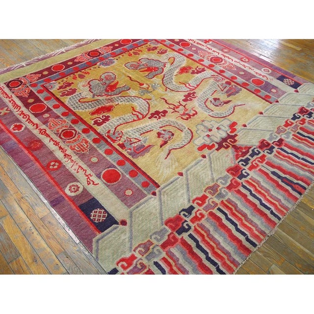 1890s Yellow Dragon Qing Antique Chinese Ningxia Banner Square Wool Rug For Sale - Image 9 of 9