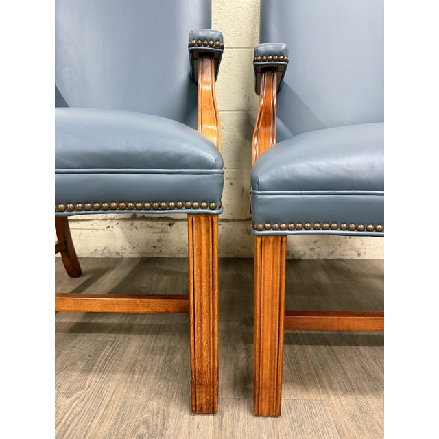 Blue Vintage Chippendale Style Blue Leather and Nailhead Executive Armchairs - Pair For Sale - Image 8 of 11