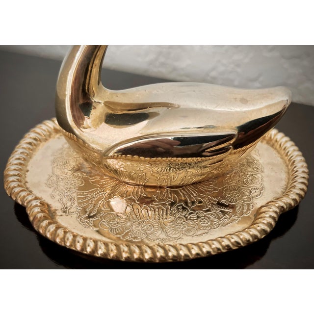 Diminutive Mid 20th-Century Brass Swan on a Dish Ring Holder, Hong Kong For Sale - Image 13 of 17