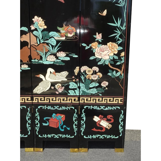 1970s Vintage Oriental Asian Blue Coromandel Four Panel Screen Room Divider W Swans #2 For Sale - Image 5 of 12