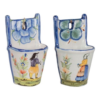 19th Century French Faience Bénitier, or Wall Pocket, Hand-Painted For Sale
