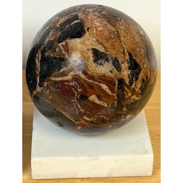Pair Italian Grand Tour Style Brecciated Specimen Marble Spheres Carrara Bases For Sale - Image 10 of 14