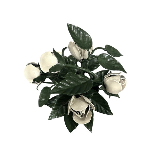 Vintage Italian Gilt Tole Potted White Roses Floral / Flowers / Rose Floral Arrangement / Sculpture For Sale - Image 4 of 9