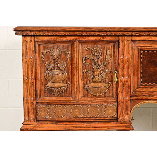 Early Romweber Antique English Jacobean Carved Oak and Burl Wood Sideboard, Circa 1900 For Sale - Image 10 of 18