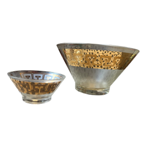 1970s Gold Accent Greek Key Serving Glass Bowls- Set of 2