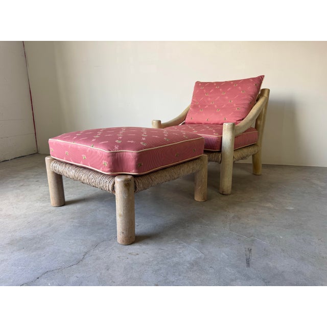 Striking 1980s lounge chair and matching ottoman in the style of Michael Taylor, featuring a sculptural whitewashed wood...