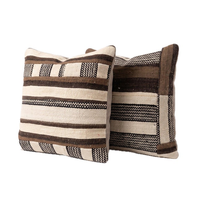 Mid-Century Modern Brown Striped Kilim Pillow Cover 20'' X 20'' - Set of Two For Sale - Image 3 of 4