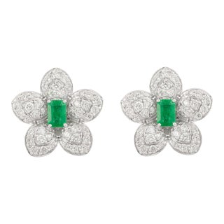 Floral Vivid 1.22ct Emerald Art Deco Earrings With Diamond Accents in 14k Gold- A Pair For Sale