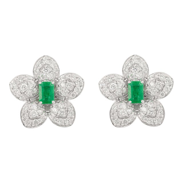 Floral Vivid 1.22ct Emerald Art Deco Earrings With Diamond Accents in 14k Gold- A Pair For Sale