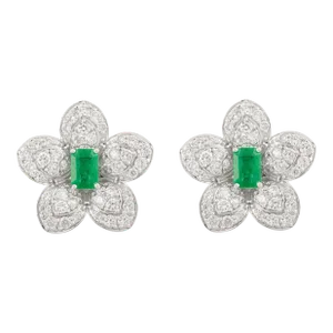 Floral Vivid 1.22ct Emerald Art Deco Earrings With Diamond Accents in 14k Gold- A Pair