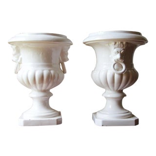 1900s Antique Portuguese Pair of Ancient Roman Style Urns, Earthenware Crackle Glazed For Sale