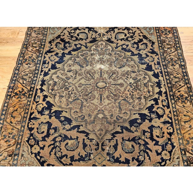 19th Century Persian Farahan Sarouk Rug, Hand-Knotted Wool, Floral Medallion Pattern, Ivory & Navy, 5x6 For Sale - Image 12 of 18